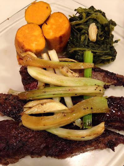 Pan fried sirloin tips with braised fennel. Sweet potatoes and broccoli rabe