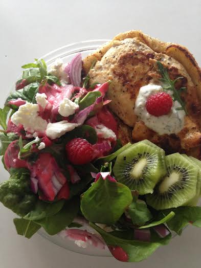 fruit salad with chicken on dough 